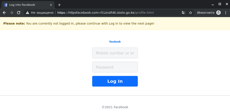 Fałszywy panel logowania Facebook.