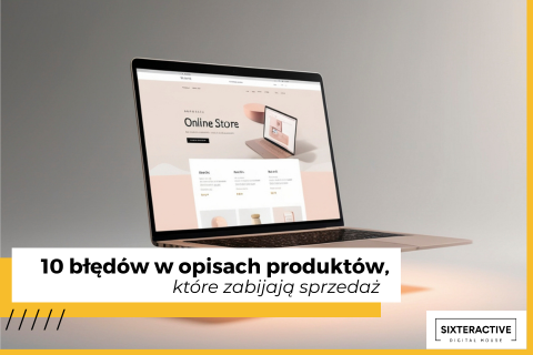 Laptop z widocznym na ekranie sklepem internetowym na szarym tle.