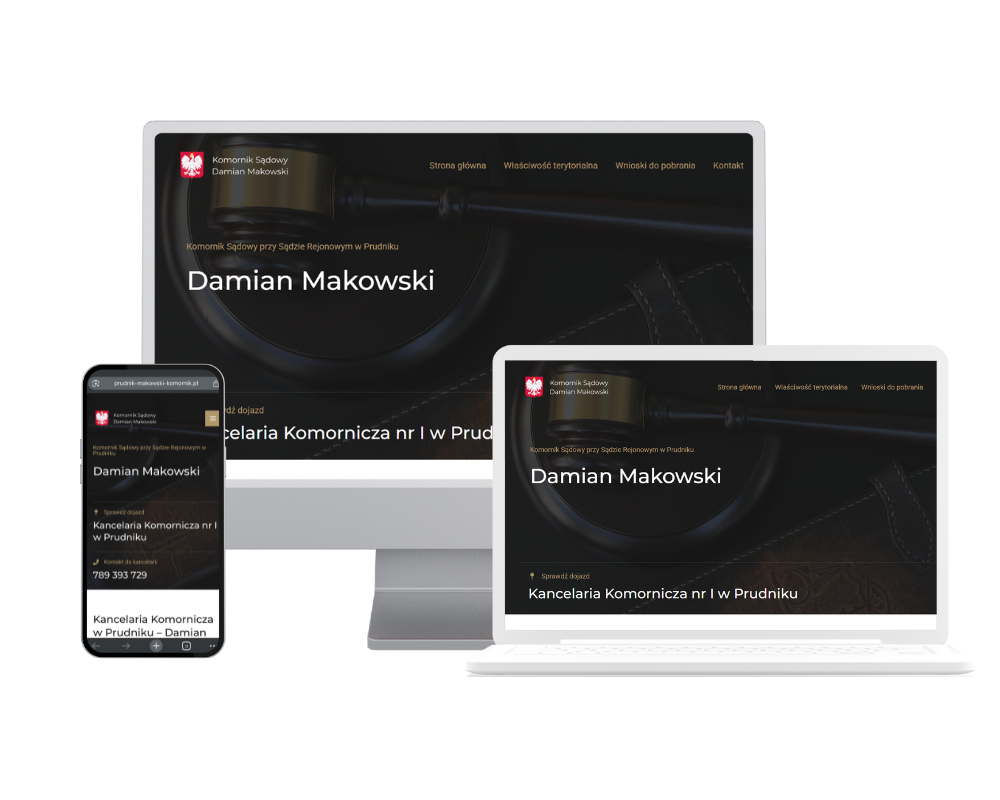 Realizacja strony internetowej kancelarii komorniczej w Prudniku - podgląd na trzech urządzeniach.