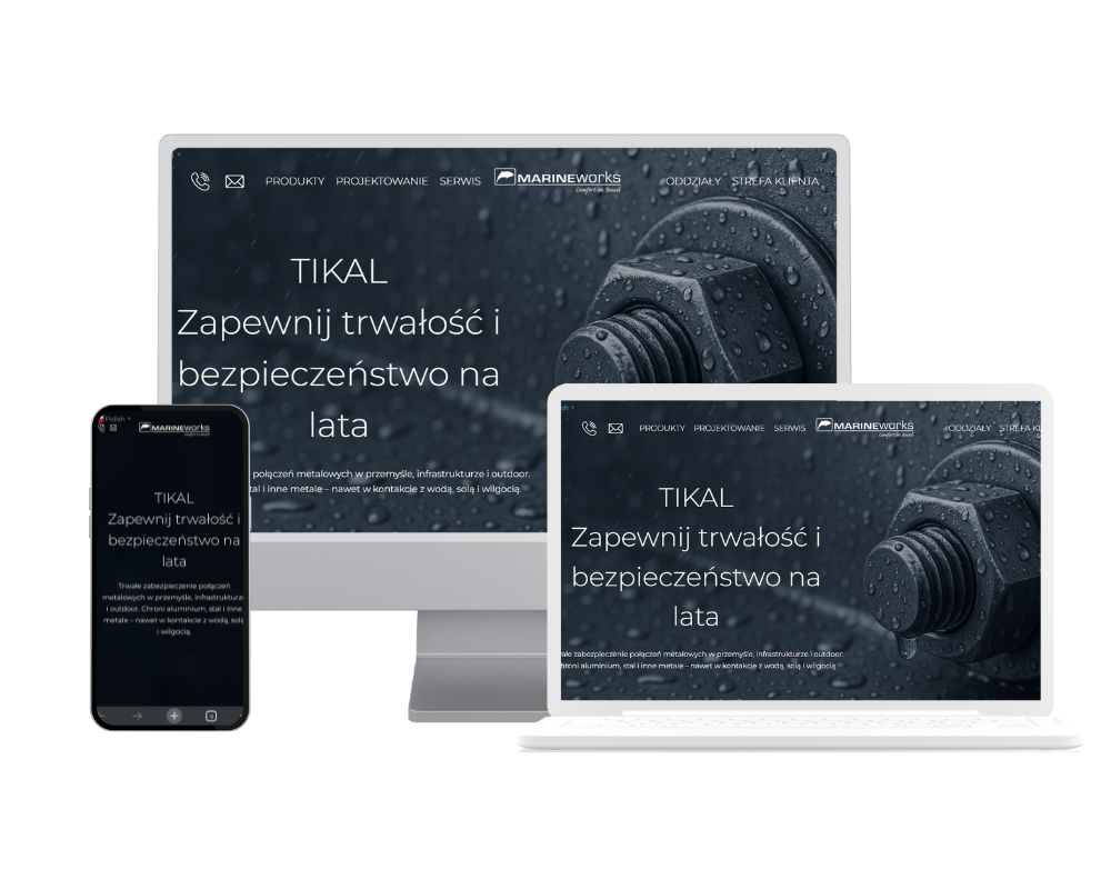 Realizacja strony Marineworks TIKAL - podgląd na trzech urządzeniach.