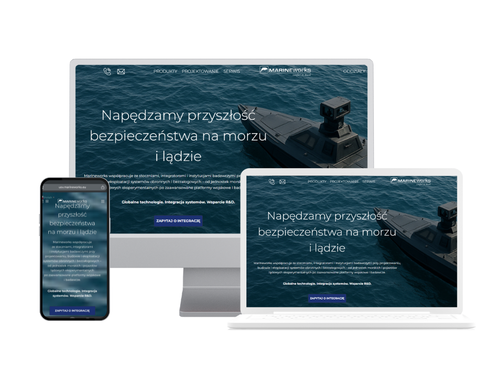 Realizacja strony Marineworks USV - podgląd na trzech urządzeniach.