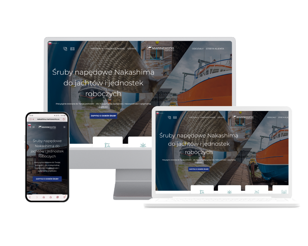 Realizacja strony landing page Nakashima - podgląd na trzech urządzeniach.