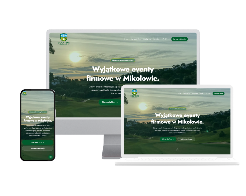 Realizacja strony Golf Time - podgląd na trzech urządzeniach.